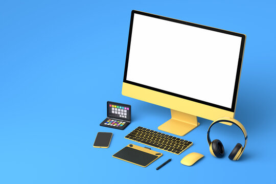 Desktop computer with keyboard, mouse, phone and headphones on blue background.