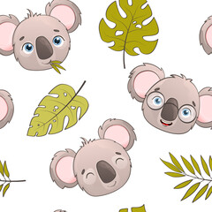 Seamless vector pattern with koalas. Cute Australian bears and tropical leaves. Cartoon koala design. Vector nature background for children. Pattern with tropical animals for wrapping and design.