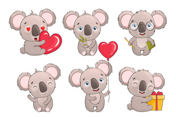 Vector set of adorable vector koalas isolated on white background. Tropical animals, cute baby animals in a watercolor style. Cartoon character tropical animal in flat style