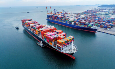 Aerial top view containers ship cargo business commercial trade logistic and transportation of...