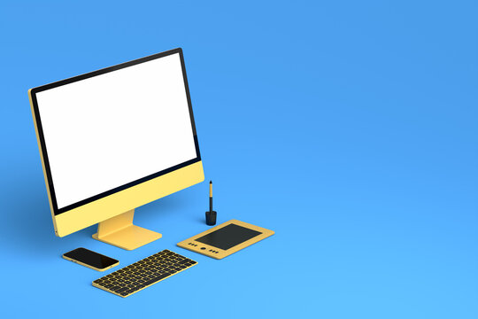Desktop computer with keyboard, phone and digital tablet on blue background.