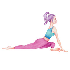 Watercolor illustration - a girl in  Pigeon yoga pose. Yoga asana - Eka Pada Rajakapotasana. Practicing meditation and healthy lifestyle.