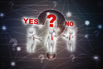 3d people - men, person with speech bubbles and text yes and no. Confused