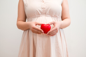 banner with pregnant woman holding a heart. Motherhood concept. Copyspace banner.