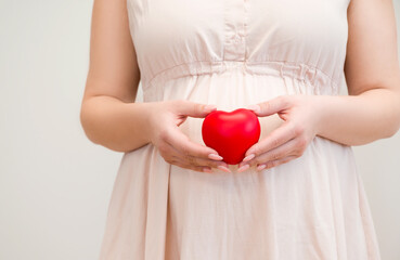Closeup of a Pregnant woman with a belly tummy holding heart.Motherhood and pregnancy concept
