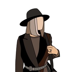 Fashion illustration of a woman in dark shades. Stylized sketch of a girl in a black hat. Sketch with black lines.