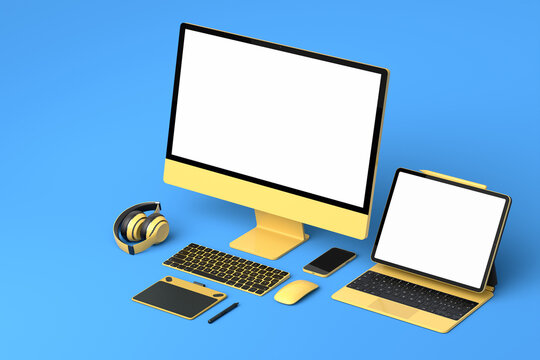 Desktop computer with keyboard, mouse, laptop and headphones on blue background.