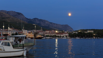 Fototapeta na wymiar Peaceful Croatian Village and Adriatic Bay Illuminated by Moon