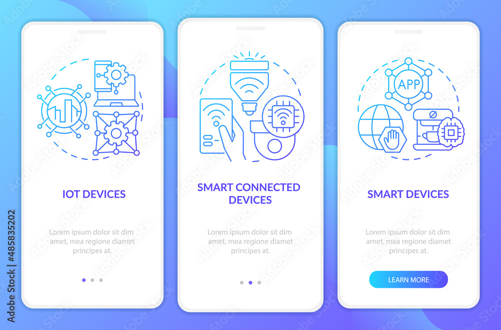 Poster smart technology products blue gradient onboarding mobile app screen. walkthrough 3 steps graphic in