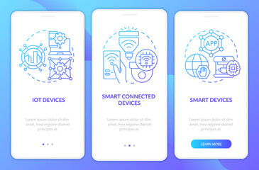 Smart technology products blue gradient onboarding mobile app screen. Walkthrough 3 steps graphic instructions pages with linear concepts. UI, UX, GUI template. Myriad Pro-Bold, Regular fonts used