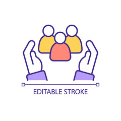 Social protection of vulnerable group RGB color icon. Supporting program for people. Volunteer work. Isolated vector illustration. Simple filled line drawing. Editable stroke. Arial font used