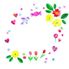 Spring season wreath background with flowers, bird, hearts, candy, popsicles, tulips, daffodils