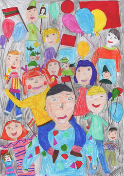 Children drawing of happy children with flags and balloons on a holiday