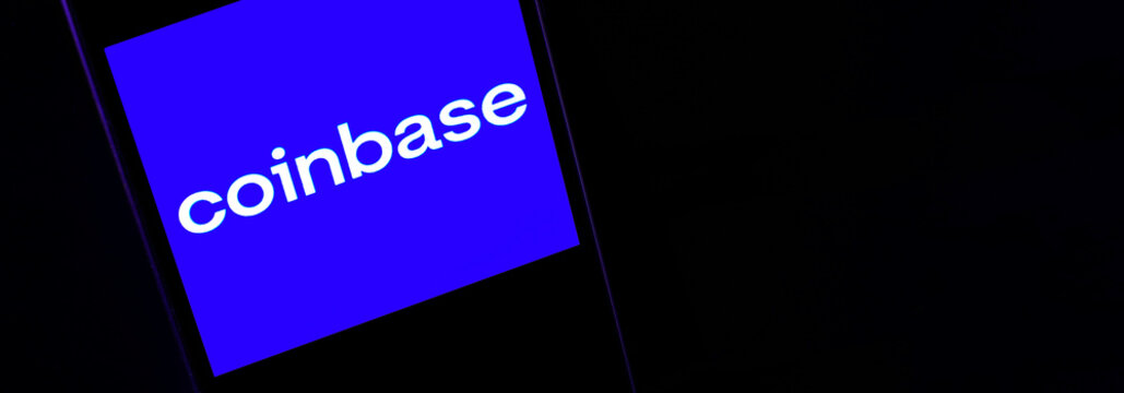 Coinbase banner editorial. Illustrative banner for news about Coinbase - a company that operates a cryptocurrency exchange platform