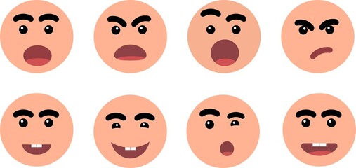 Cartoon faces set. Smiling, anger, disturbance, discontent and astonishment character face icons. Happy or angry  emotions collection