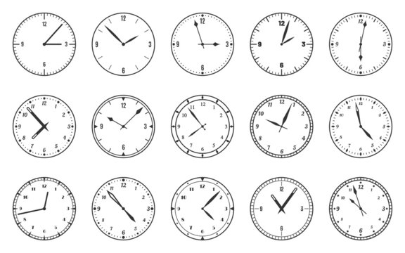 Dial clock face watch time circle black line set. Modern wall wrist clock classic bezel arabic numeral minute second hand template management office deadline time measurement mockup isolated on white