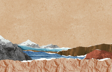 Zine collage landscape paper art Surreal collage composition made of torn pieces of linen, craft paper, carton, torchon. Seascape with blue colored fragment of water, mountain and gravel in front.  - obrazy, fototapety, plakaty