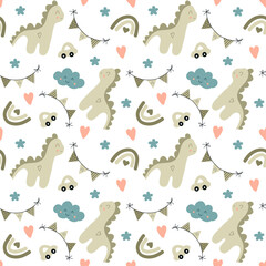 Dinosaur. Cute dino. Green car. Clouds. Rainbows. Stars and hearts. Seamless pattern. Boho style decor. Print for fabric. 