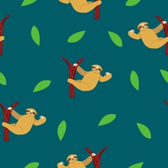 Seamless pattern of sloths hanging on tree branch and green leaves. Dark green background. Cartoon style. Cute and funny. Summer and spring. For wallpaper, textile, scrapbooking and wrapping paper