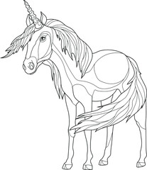 Realistic unicorn creature sketch template. Cartoon horse graphic vector illustration in black and white for games, background, pattern, decor. Coloring paper, page, story book. Print for fabrics
