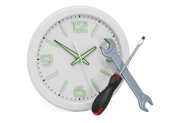 Wall Clock with repair tools. Repair Time concept. 3D rendering