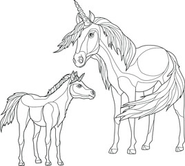 Obraz na płótnie Canvas Realistic unicorns creatures sketch template. Cartoon horse and baby graphic vector illustration in black and white for games, background, pattern, decor. Coloring paper, page, story book, print