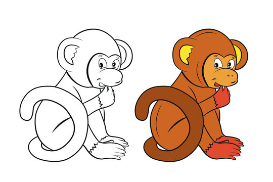 Black and white and colored image of a cute little monkey.
 Coloring book for kids. Linear drawing.