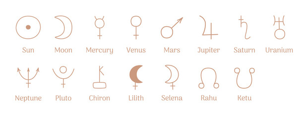 Astrological symbols of planets, aspects and nodes. Hand-drawn contour illustration.