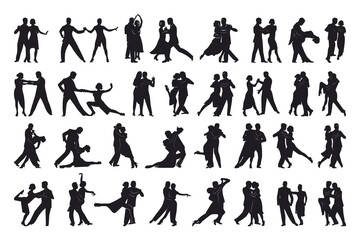 Collection of black silhouettes of a man and a woman dancing tango. Character shadows. - obrazy, fototapety, plakaty