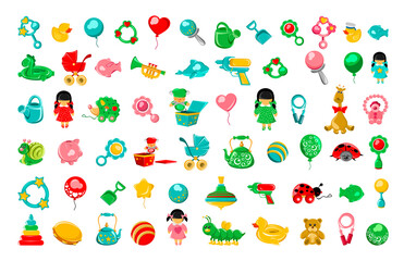Collection of colorful children's toys in flat style. Illustrations for kids.
