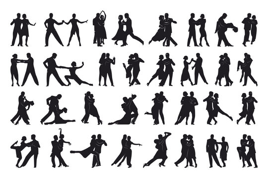 Collection of black silhouettes of a man and a woman dancing tango. Character shadows.