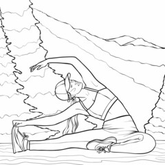 Girl doing yoga in nature.Coloring book antistress for children and adults.Illustration isolated on white background.Zen-tangle style.Hand draw