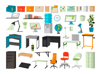 Collection of office furniture and accessories. Interior items.