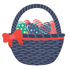 Decorative hand drawn basket with eggs, bow isolated on white background. Happy Easter holiday. Spring floral colorful illustration. Abstract vector for greeting card, invitation