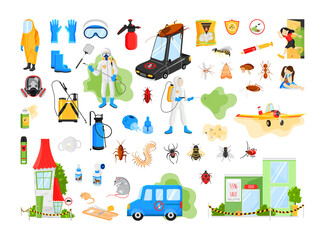 Pest control service. Insect and rodent control equipment illustration set.