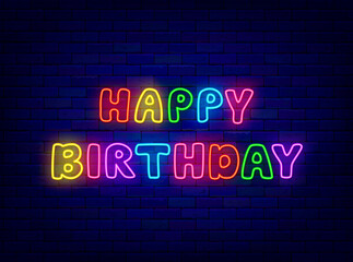Naklejka na ściany i meble Happy Birthday neon greeting card. Child colorful text. Shiny inscription. Light effect banner. Vector illustration