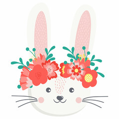 Decorative hand drawn cute white Easter rabbit with flowers and leaves. Easter bunny. Spring floral colorful character. Vector illustration isolated on white background