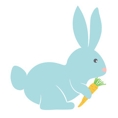 Decorative hand drawn cute blue Easter rabbit with carrot. Easter bunny. Spring colorful character. Vector illustration isolated on white background