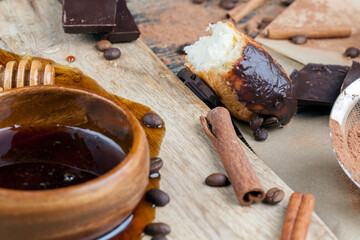 custard cake with cream, chocolate and other sweets