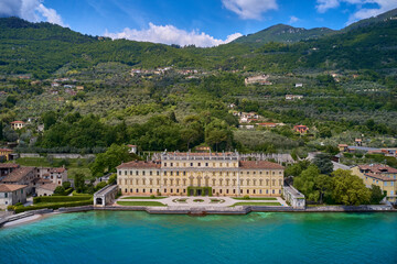 Attractions on Lake Garda. Historic waterfront villa on Lake Garda. Italian villa bettoni, aerial...