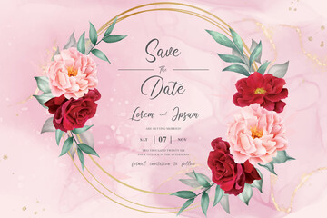 Romantic Watercolor Arrangement Flower Background Design with Maroon Floral and Leaves