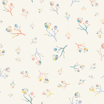 Modern abstract wild meadow flower seamless vector pattern background. Faux lino print backdrop with overlapping flowers and blended texture outlines. Botanical floral repeat in pastel vintage colors