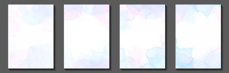 Watercolor vector art background set for cards, flyer, poster, banner and cover design. Hand drawn illustration for your design. Place for text. Blue and pink on white background. Sky, clouds, heaven.