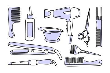 Hair care products. A set of cosmetics and items. In very peri color Vector illustration in doodle style.