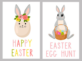Set of Happy Easter greeting cards with cute egg with rabbits' ears and flowers, and a cute rabbit with basket of colored eggs.