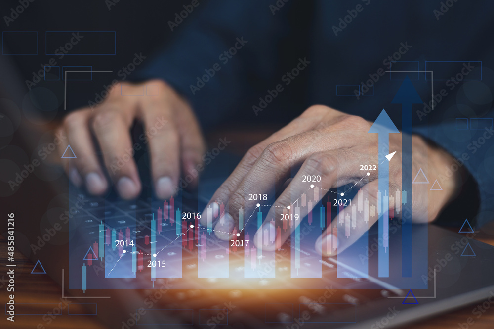 Poster closeup hand using computer trading online on digital chart visual screen technology