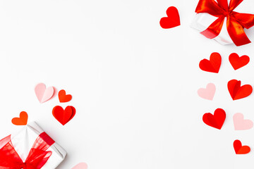 Valentine's Day background. Gifts, hears on white. Concept of love and affection. Holiday card.