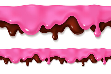 Melted chocolate and pink icing or sweet sauce seamless drop. Berry yogurt design. Realistic 3d horizontal leaking syrup dripping liquid isolated on white background. Edge decoration - obrazy, fototapety, plakaty