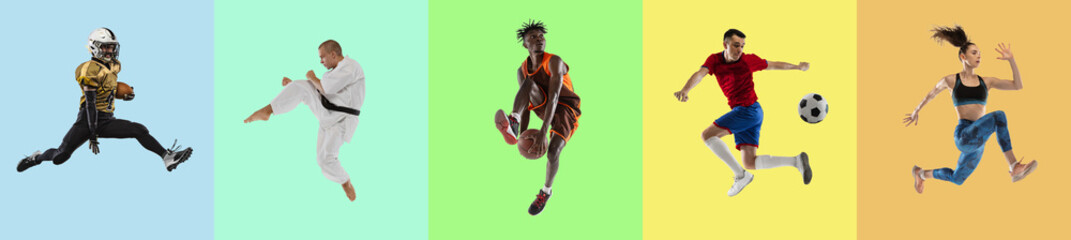 Collage. Portrait of sportive people in action, training isolated over multicolored background © Lustre Art Group 