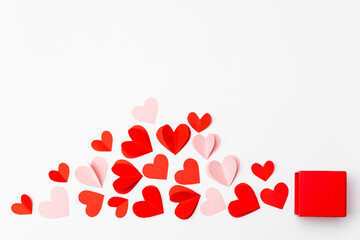 Valentine's Day background. Gifts, hearts on white. Concept of love and affection. Holiday card.